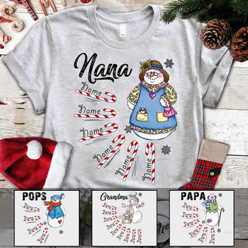Christmas Snowman Candy Cane Personalized Shirt for Mom Grandma Papa, LOQN