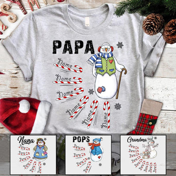 Christmas Snowman Candy Cane Personalized Shirt for Mom Grandma Papa, LOQN