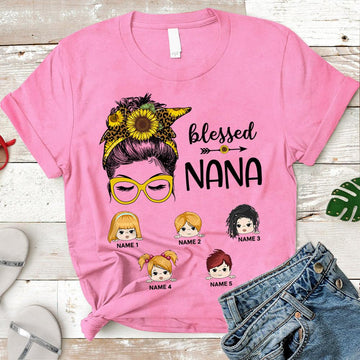 Blessed Grandma Sunflower Messy Bun Personalized Shirt For Grandma, HN98. DO99