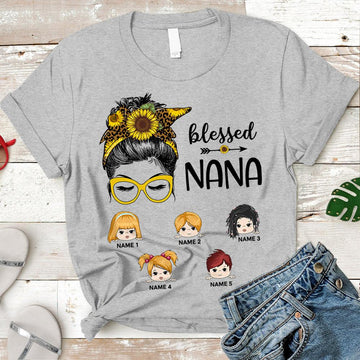 Blessed Grandma Sunflower Messy Bun Personalized Shirt For Grandma, HN98. DO99